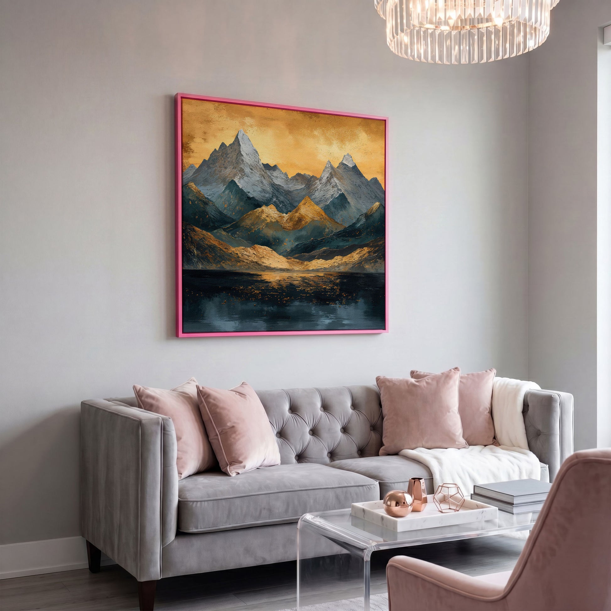 Modern Mountain Landscape Canvas in pink floating frame