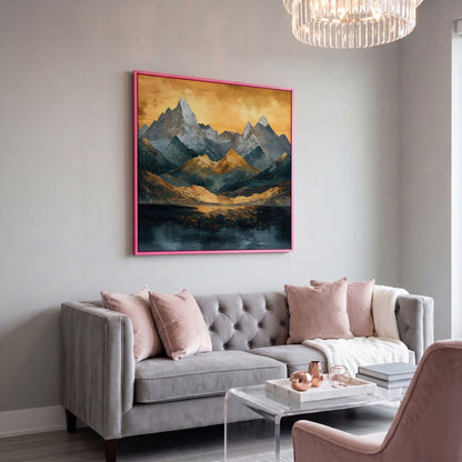 Modern Mountain Landscape Canvas in pink floating frame
