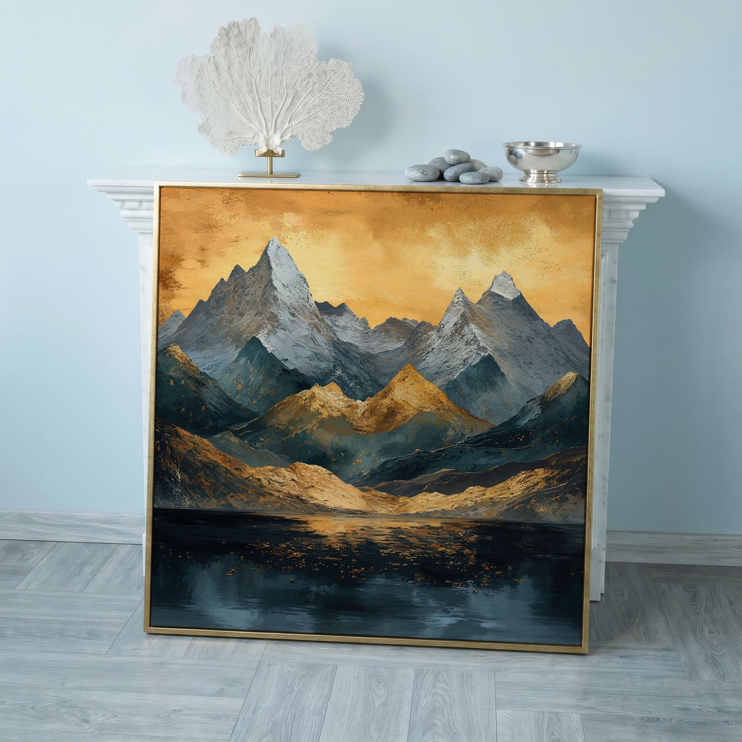 Modern Mountain Landscape Canvas in rose gold floating frame