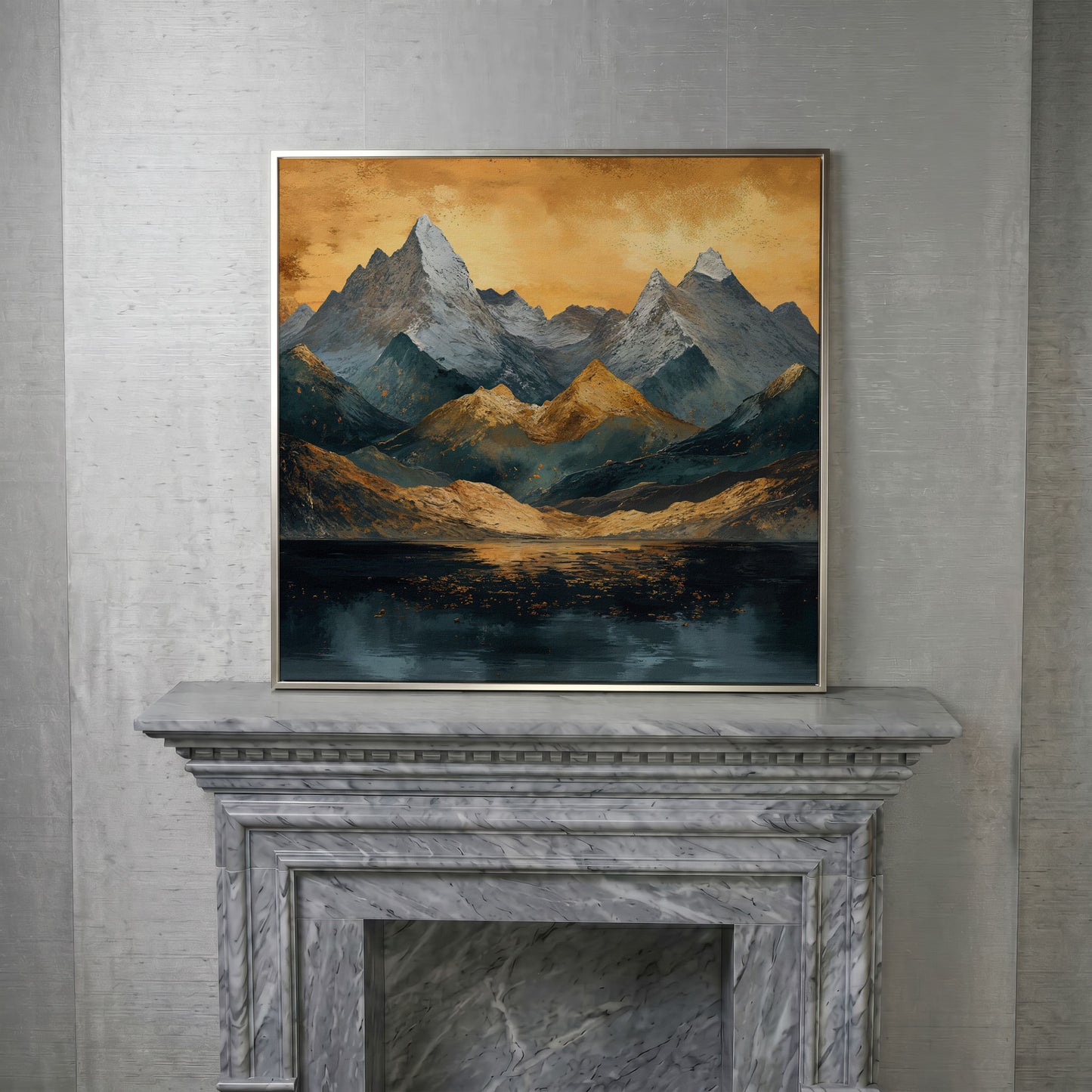 Modern Mountain Landscape Canvas in silver floating frame