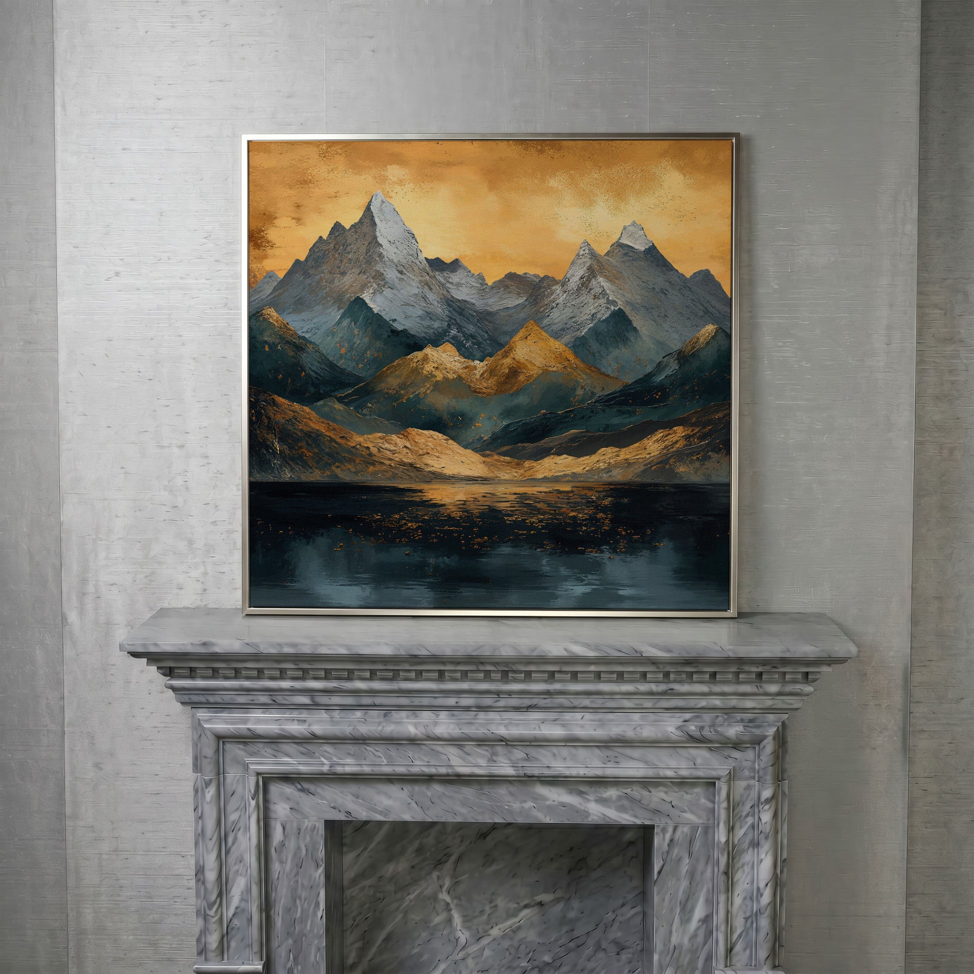Modern Mountain Landscape Canvas in silver floating frame