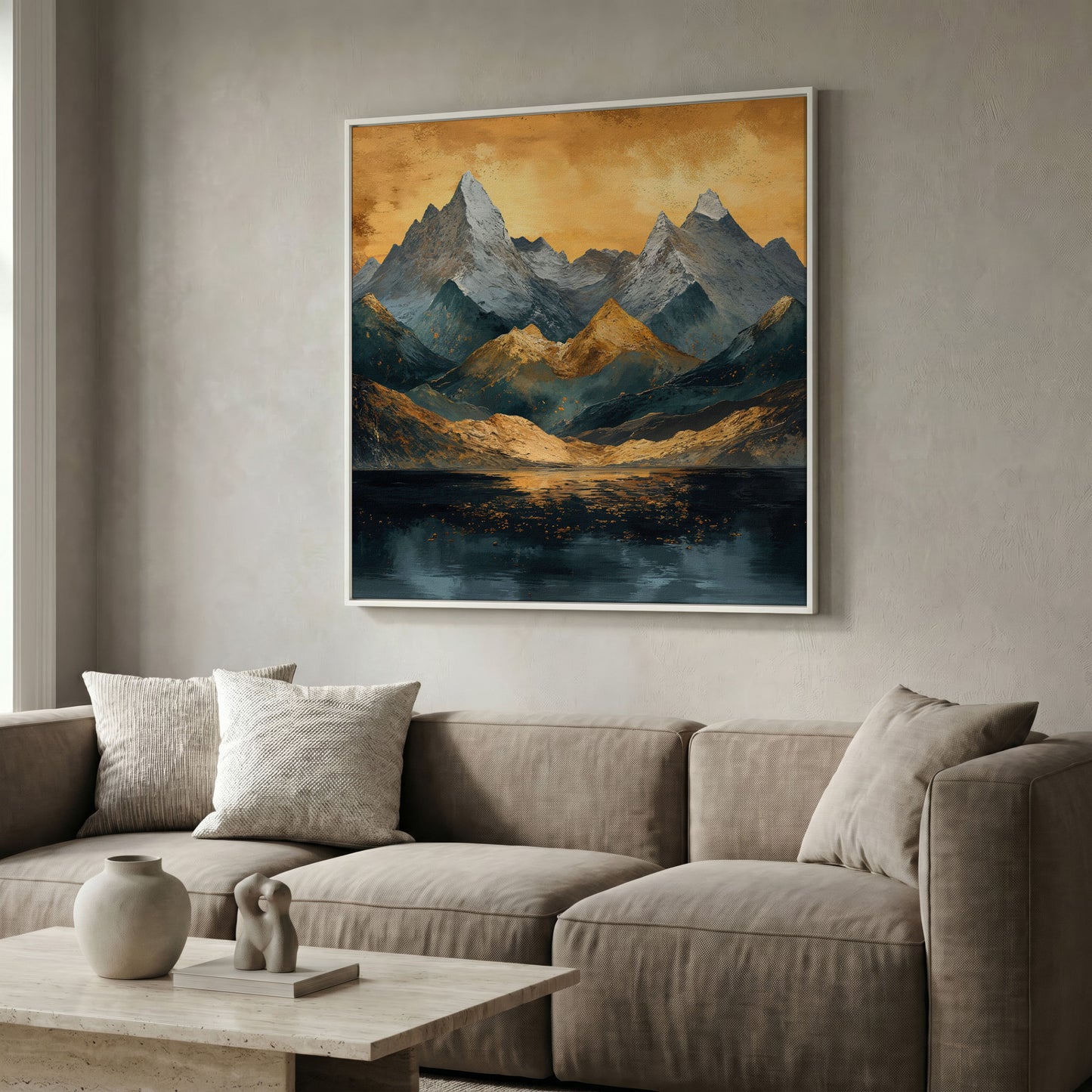 Modern Mountain Landscape Canvas in white floating frame