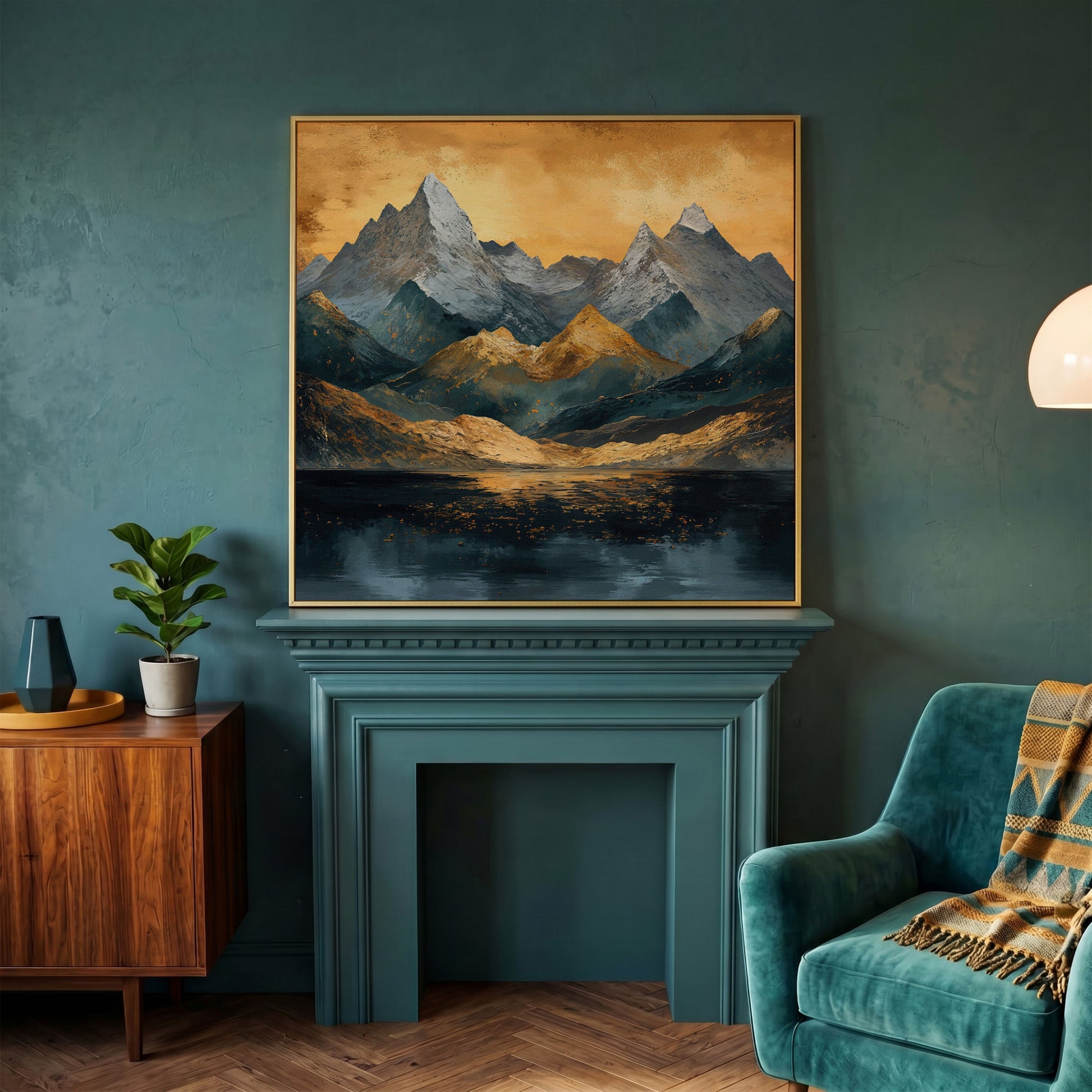 Modern Mountain Landscape Canvas in yellow gold floating frame