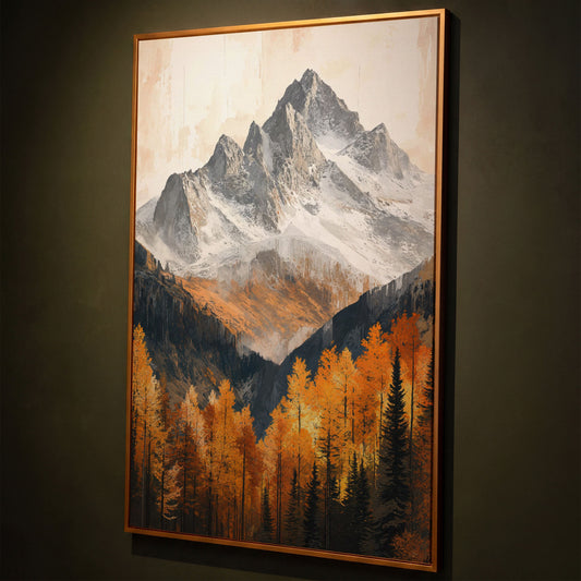 Autumn Mountain Landscape Canvas shown in antique gold floating frame