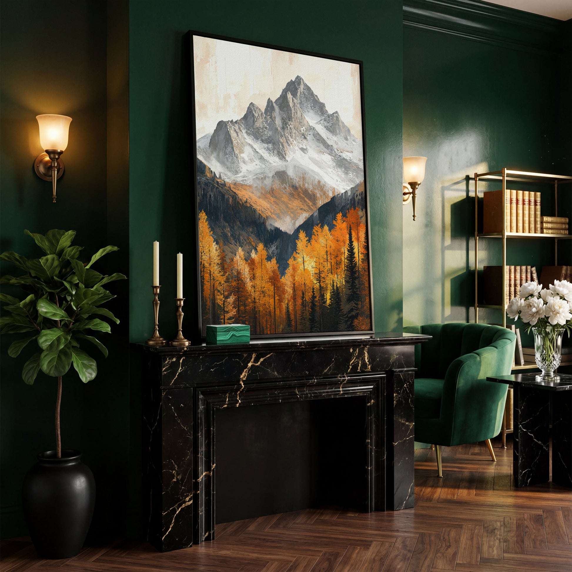 Autumn Mountain Landscape Canvas in black floating frame