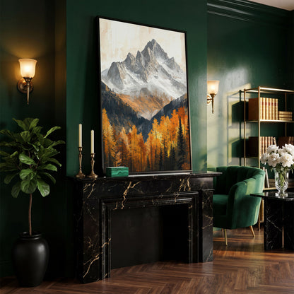 Autumn Mountain Landscape Canvas in black floating frame