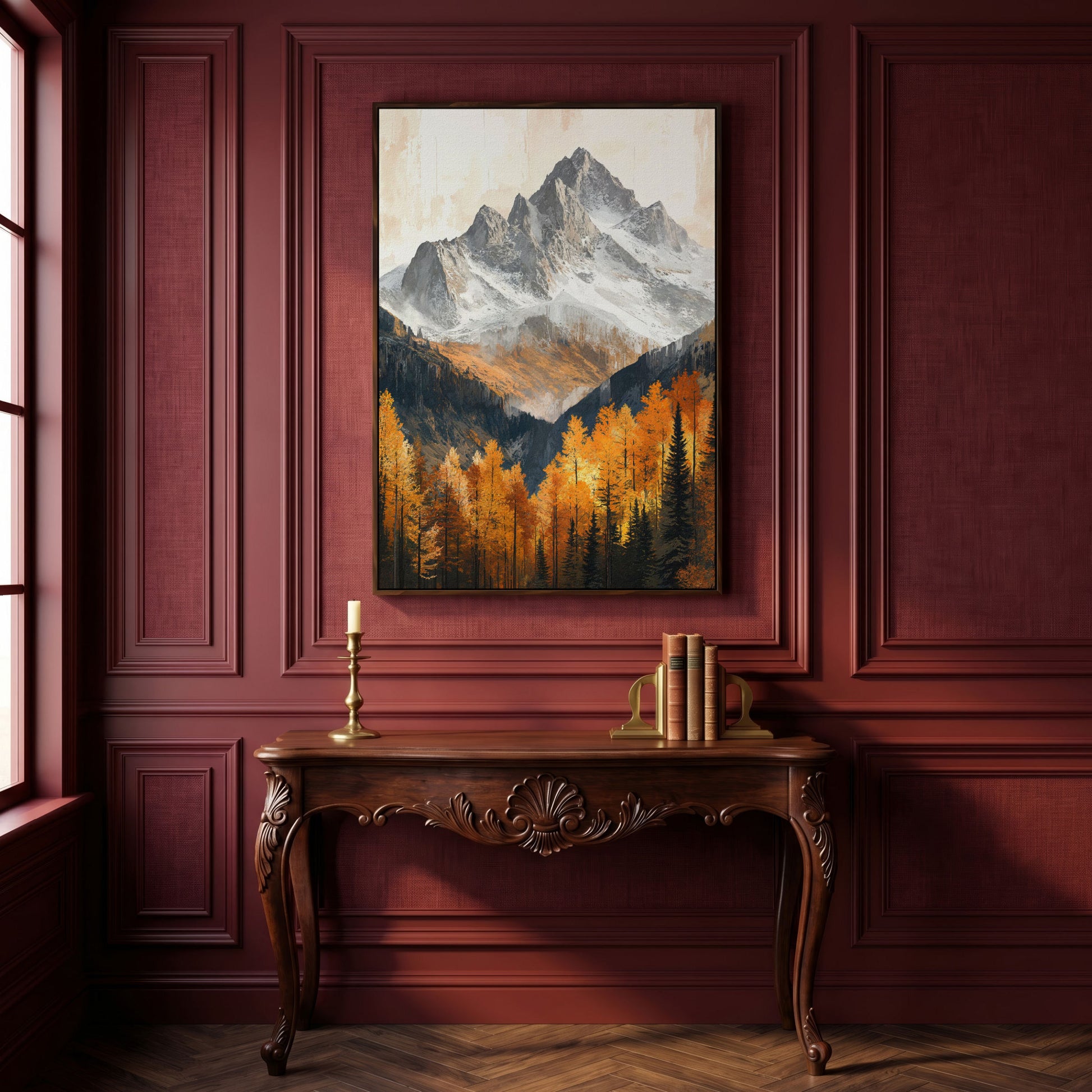 Autumn Mountain Landscape Canvas in dark walnut floating frame