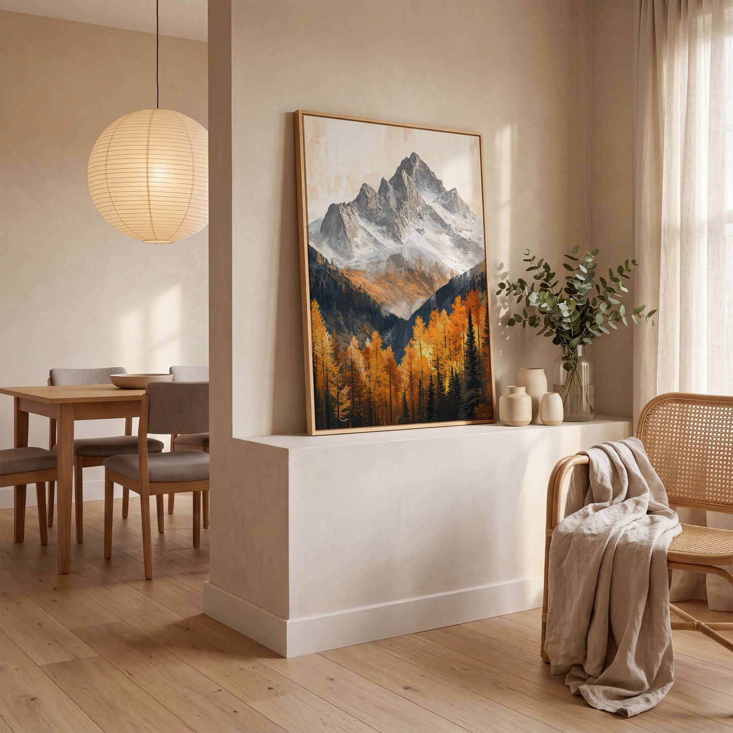Autumn Mountain Landscape Canvas in white oak floating frame