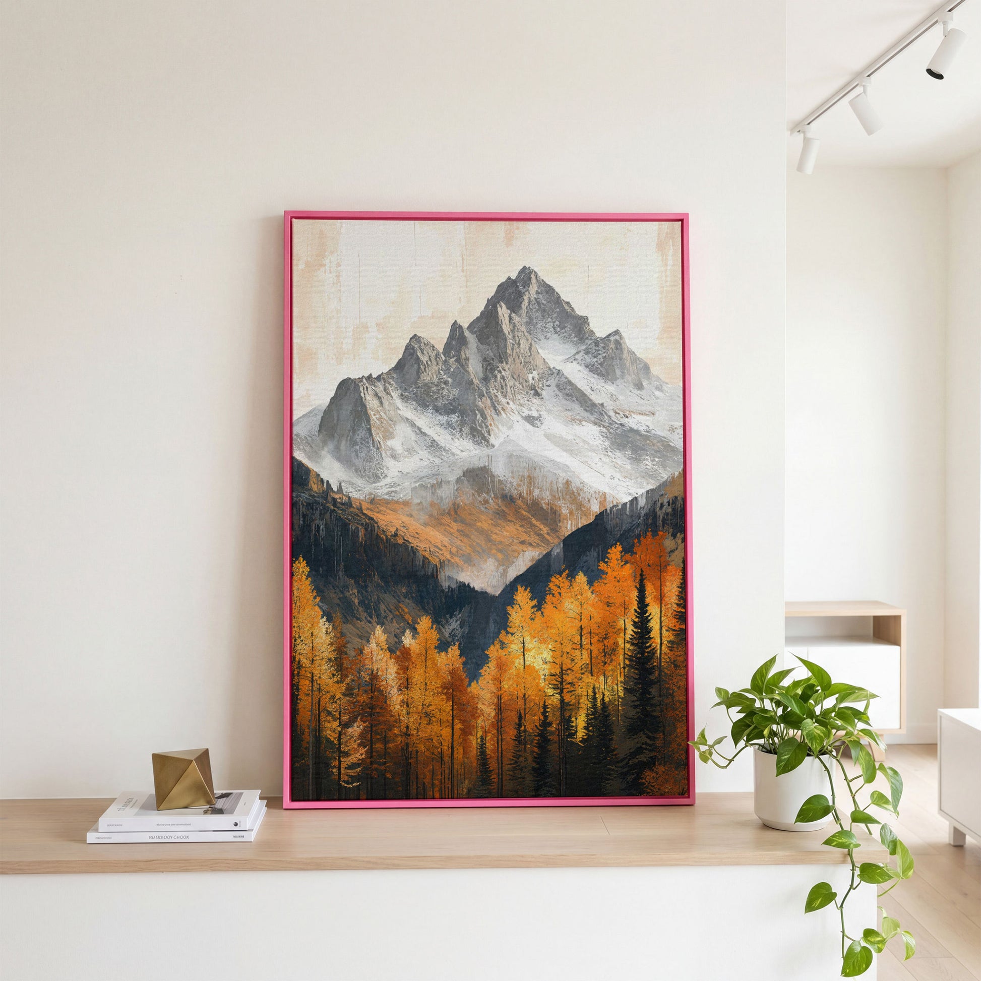 Autumn Mountain Landscape Canvas in pink floating frame