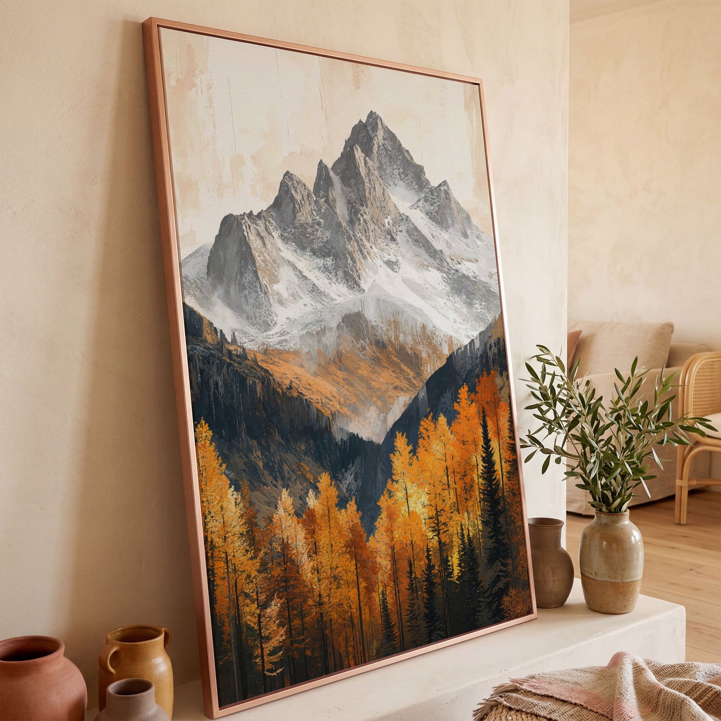 Autumn Mountain Landscape Canvas in rose gold floating frame