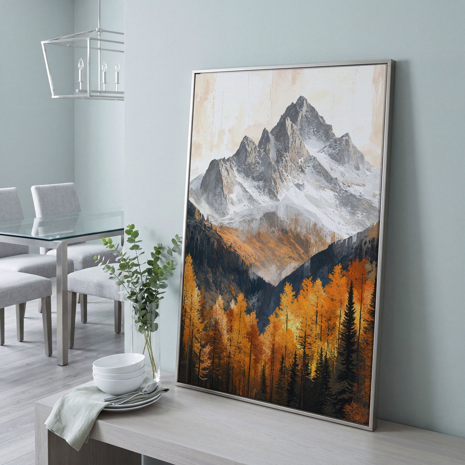Autumn Mountain Landscape Canvas in silver floating frame