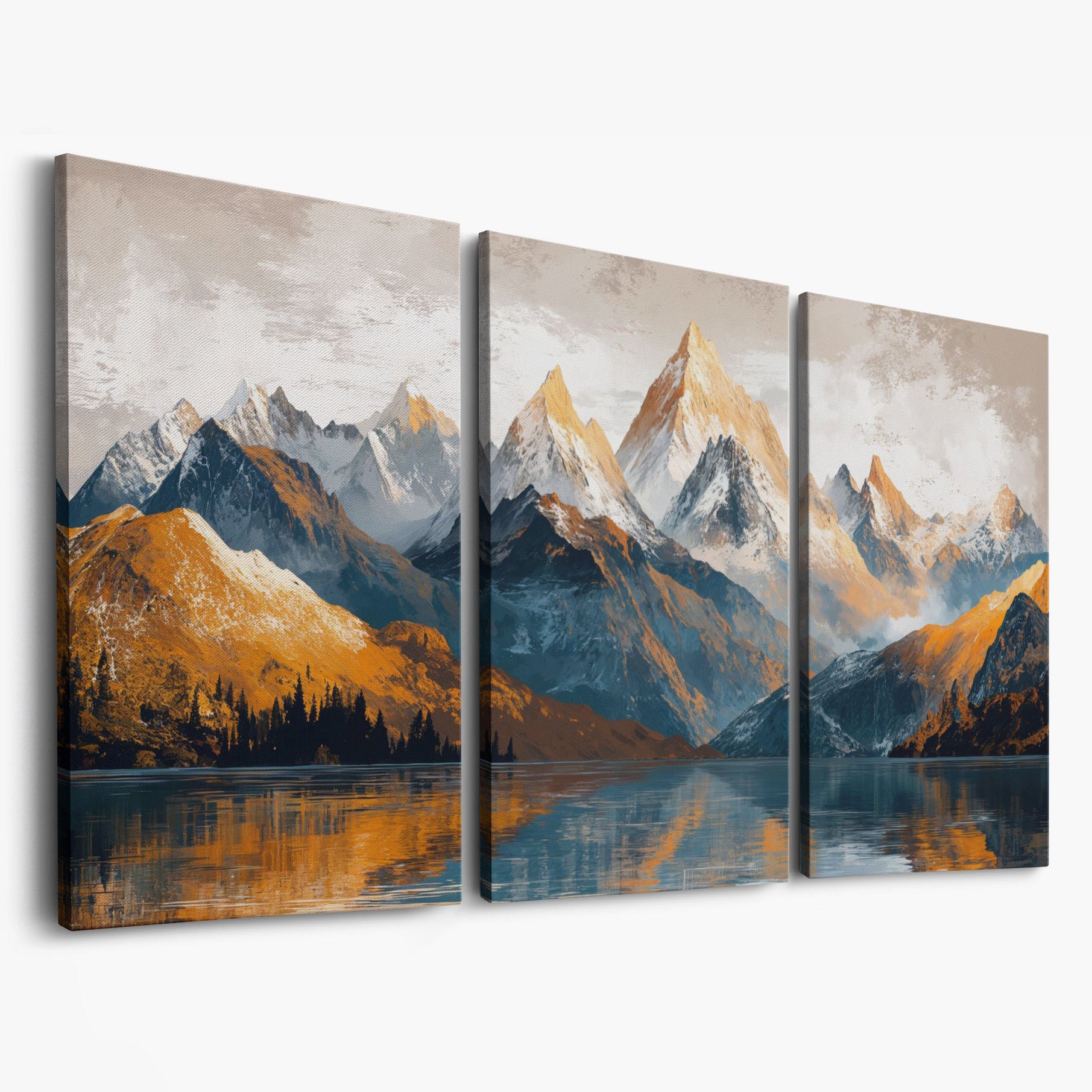 Mountain Lake and Snow Capped Peaks Canvas as 3-panel split version