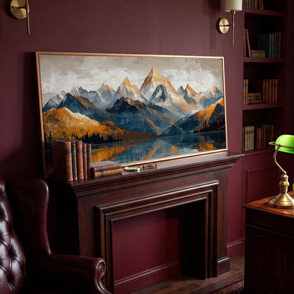 Mountain Lake and Snow Capped Peaks Canvas in antique gold floating frame