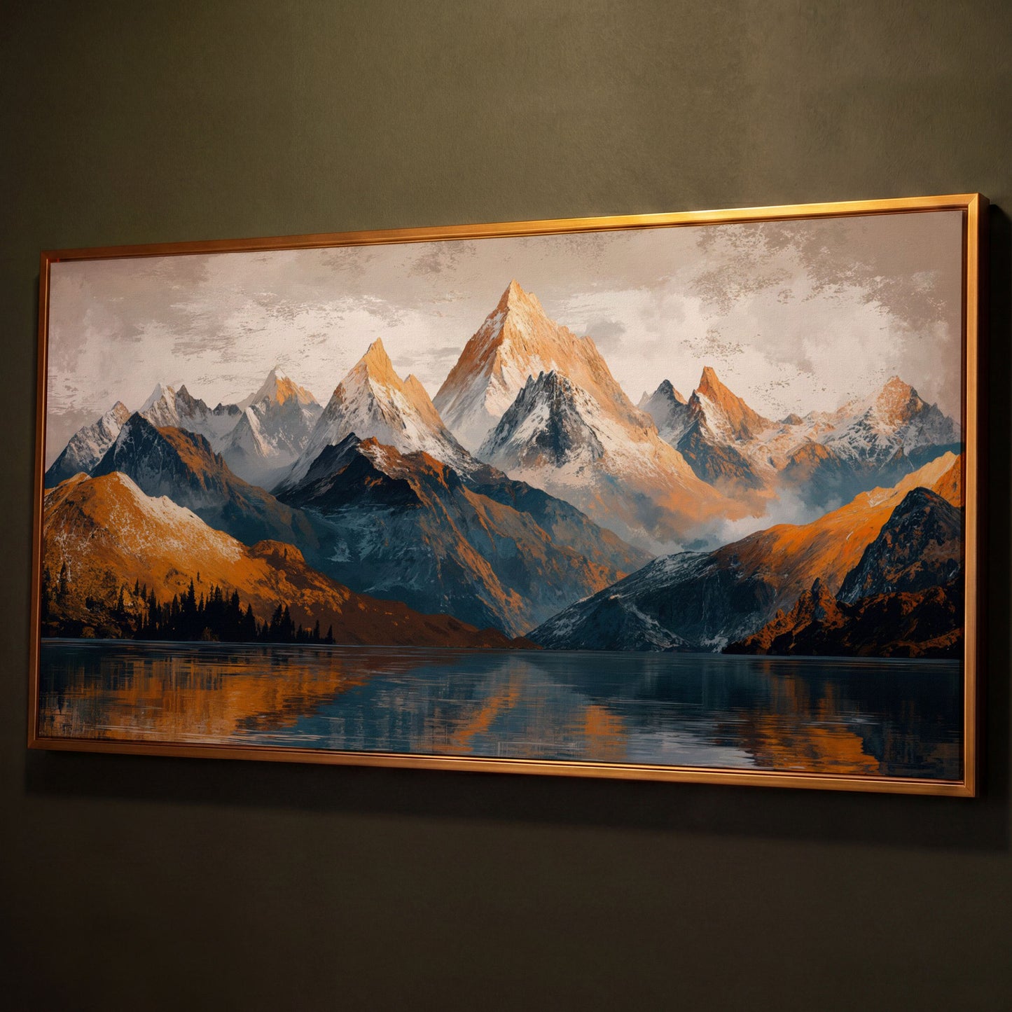 Mountain Lake and Snow Capped Peaks Canvas shown in antique gold floating frame