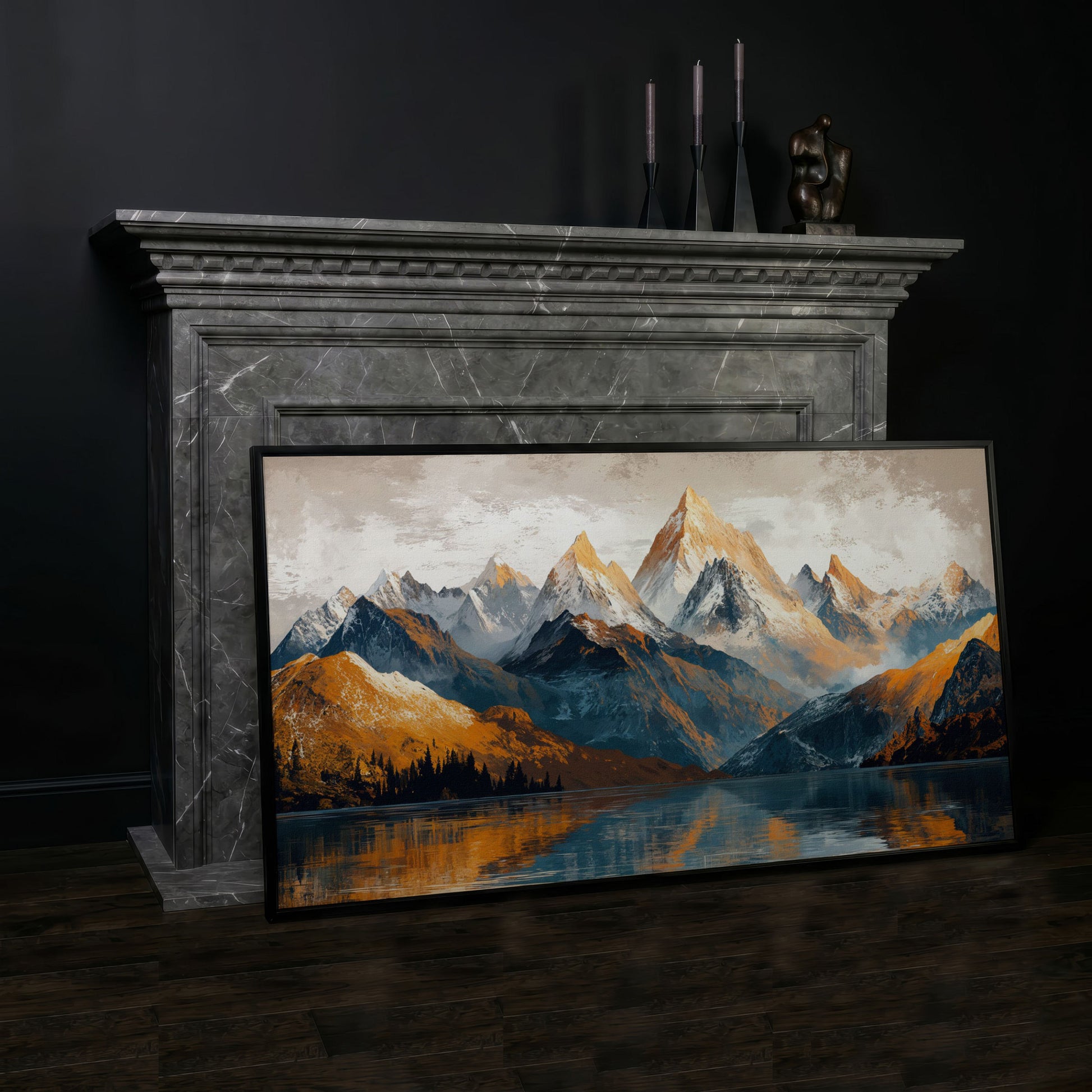 Mountain Lake and Snow Capped Peaks Canvas in black floating frame