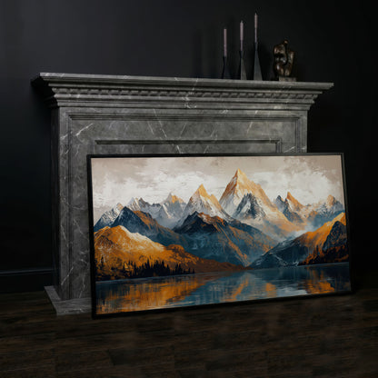 Mountain Lake and Snow Capped Peaks Canvas in black floating frame