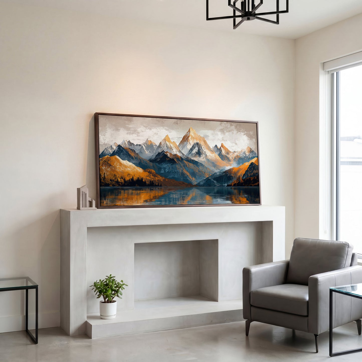 Mountain Lake and Snow Capped Peaks Canvas in dark walnut floating frame