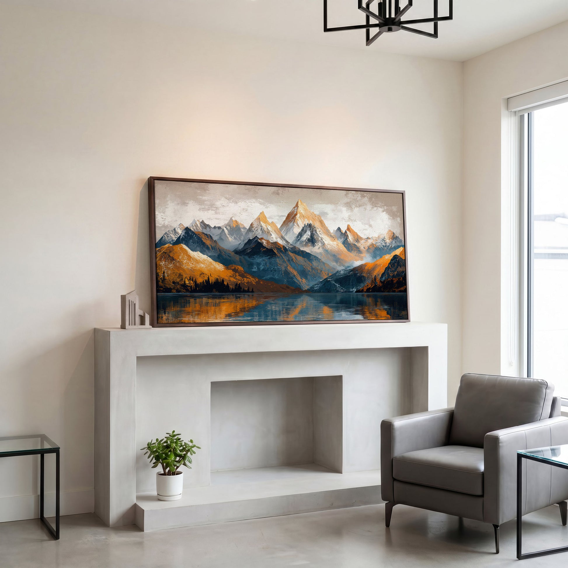 Mountain Lake and Snow Capped Peaks Canvas in dark walnut floating frame