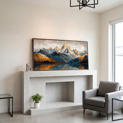 Mountain Lake and Snow Capped Peaks Canvas in dark walnut floating frame