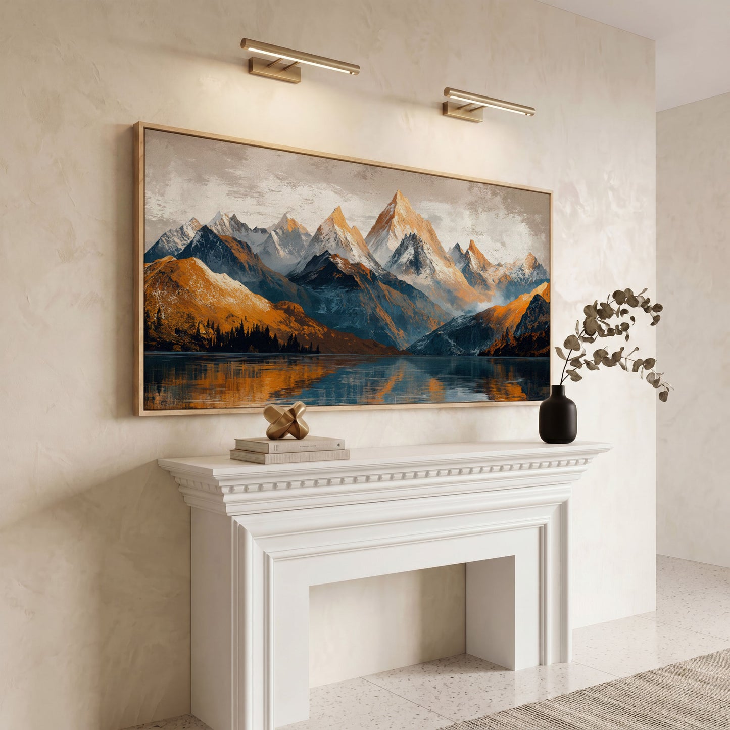 Mountain Lake and Snow Capped Peaks Canvas in white oak floating frame
