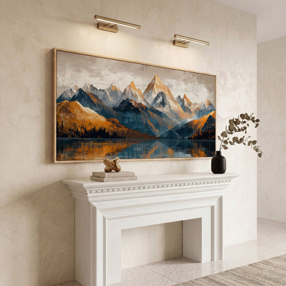 Mountain Lake and Snow Capped Peaks Canvas in white oak floating frame