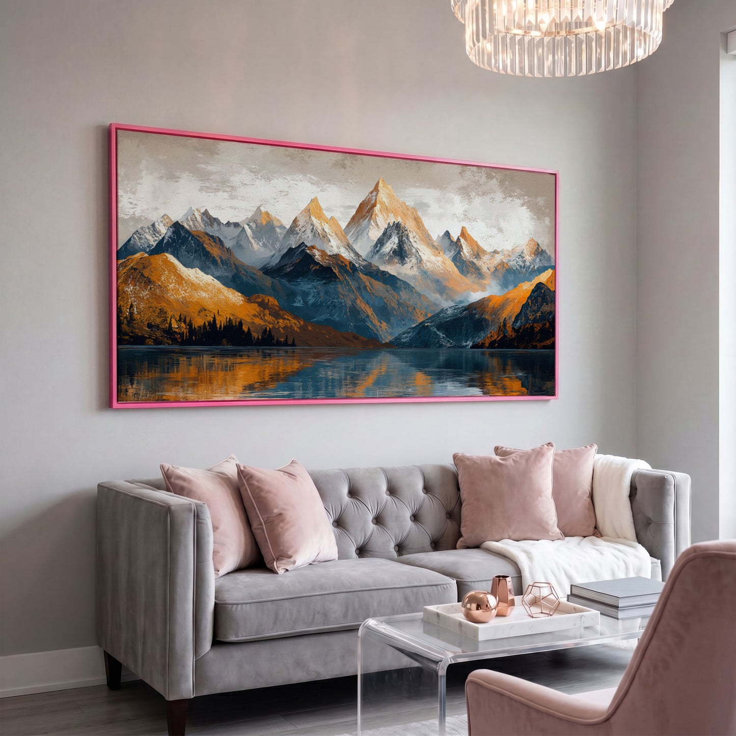 Mountain Lake and Snow Capped Peaks Canvas in pink floating frame