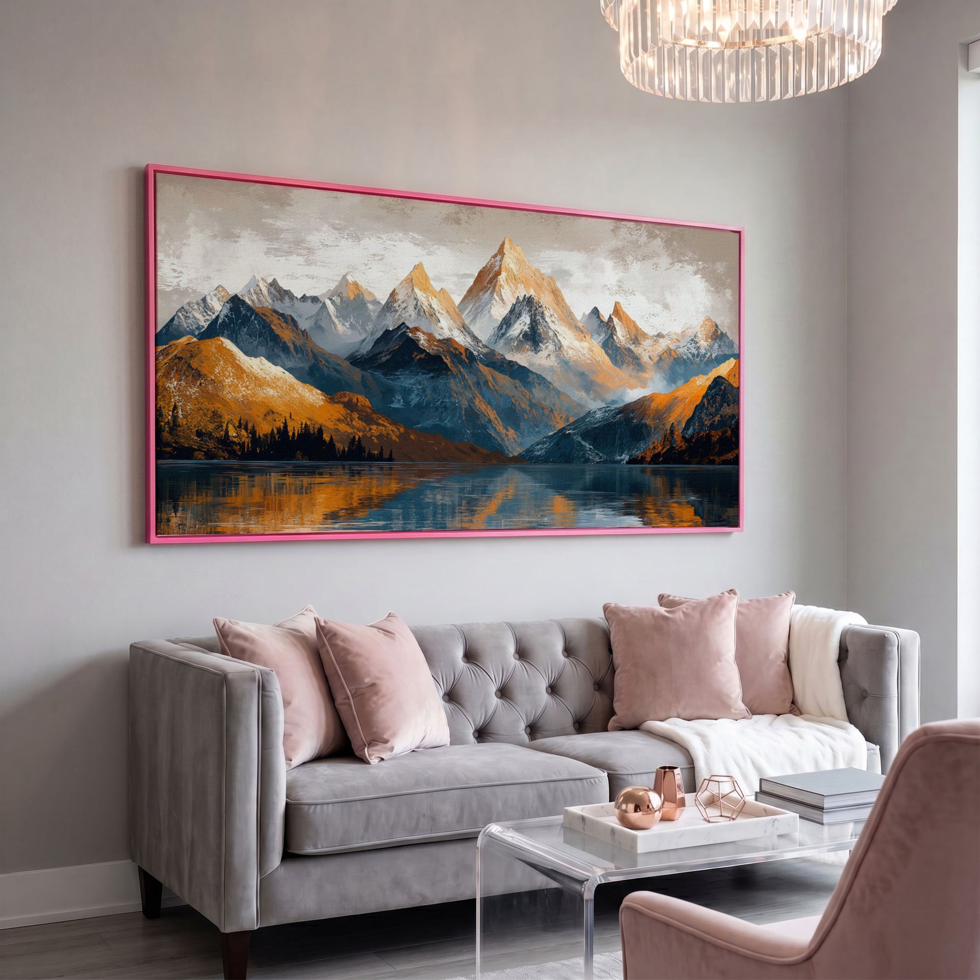 Mountain Lake and Snow Capped Peaks Canvas in pink floating frame