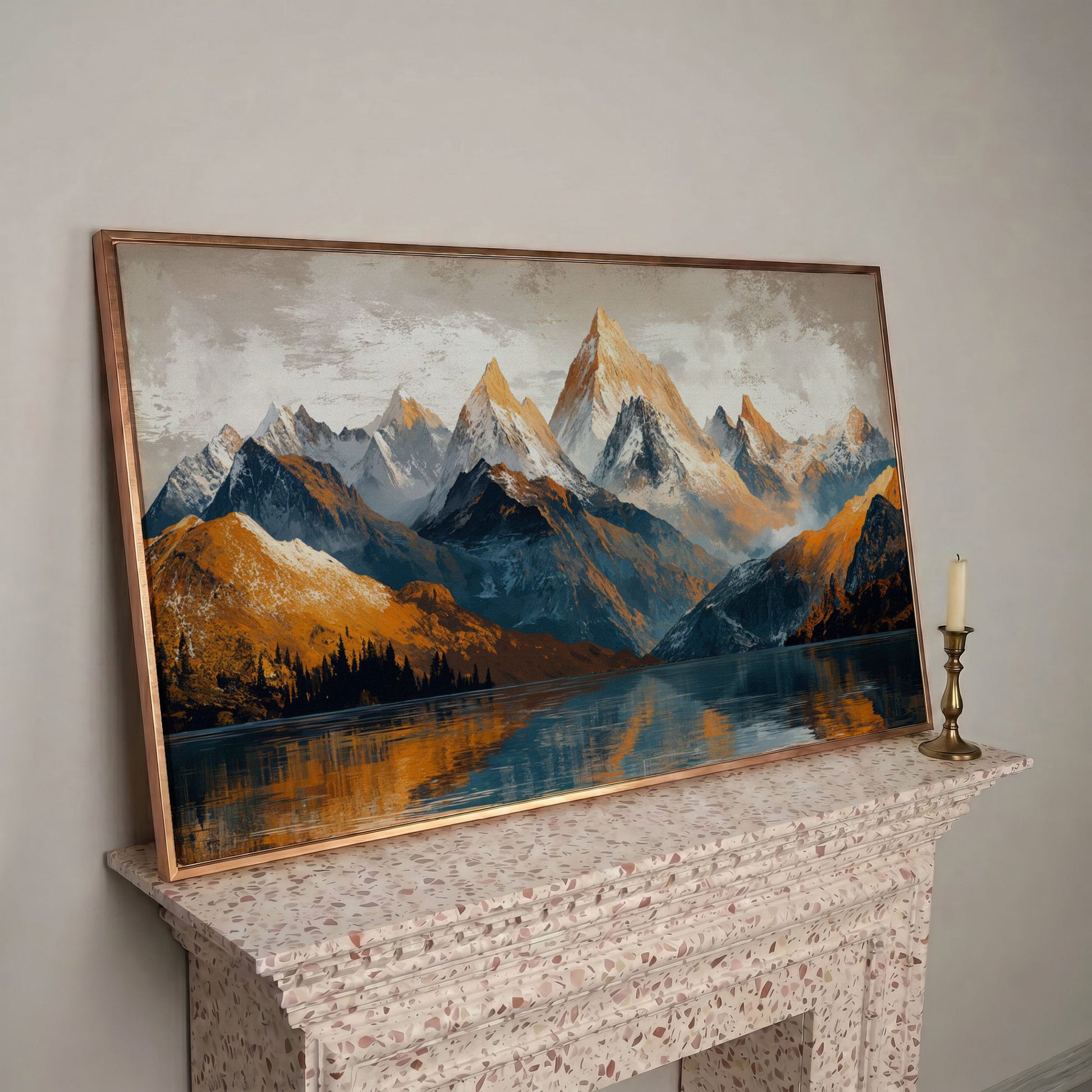 Mountain Lake and Snow Capped Peaks Canvas in rose gold floating frame