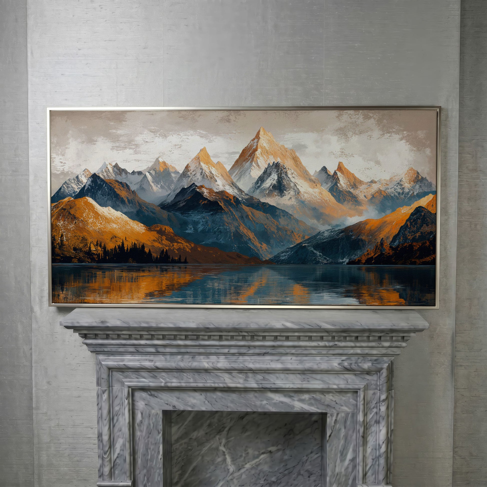 Mountain Lake and Snow Capped Peaks Canvas in silver floating frame