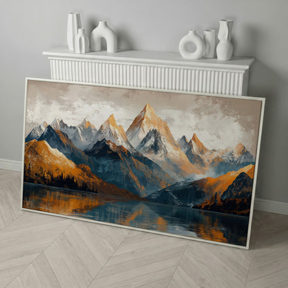 Mountain Lake and Snow Capped Peaks Canvas in white floating frame