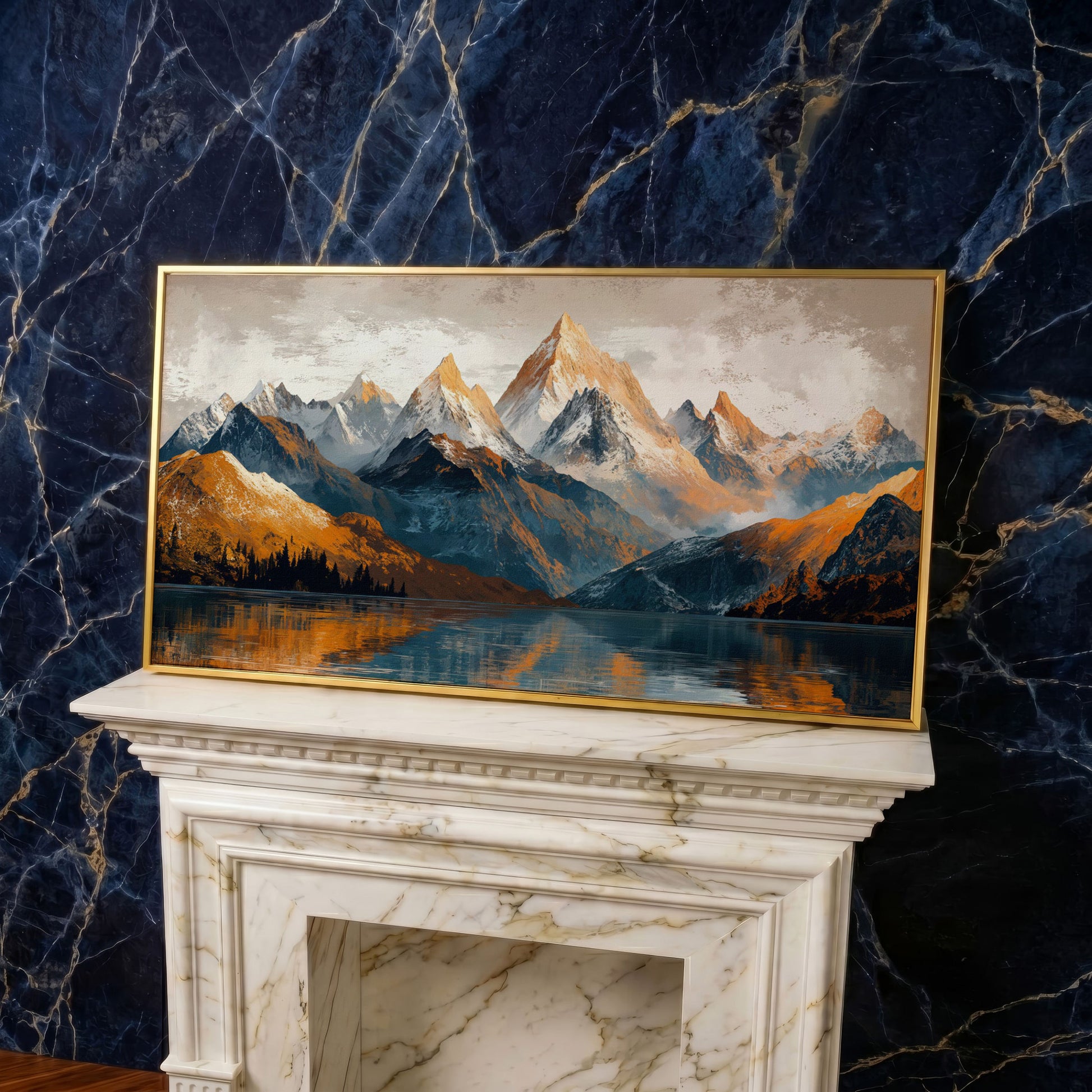 Mountain Lake and Snow Capped Peaks Canvas in yellow gold floating frame