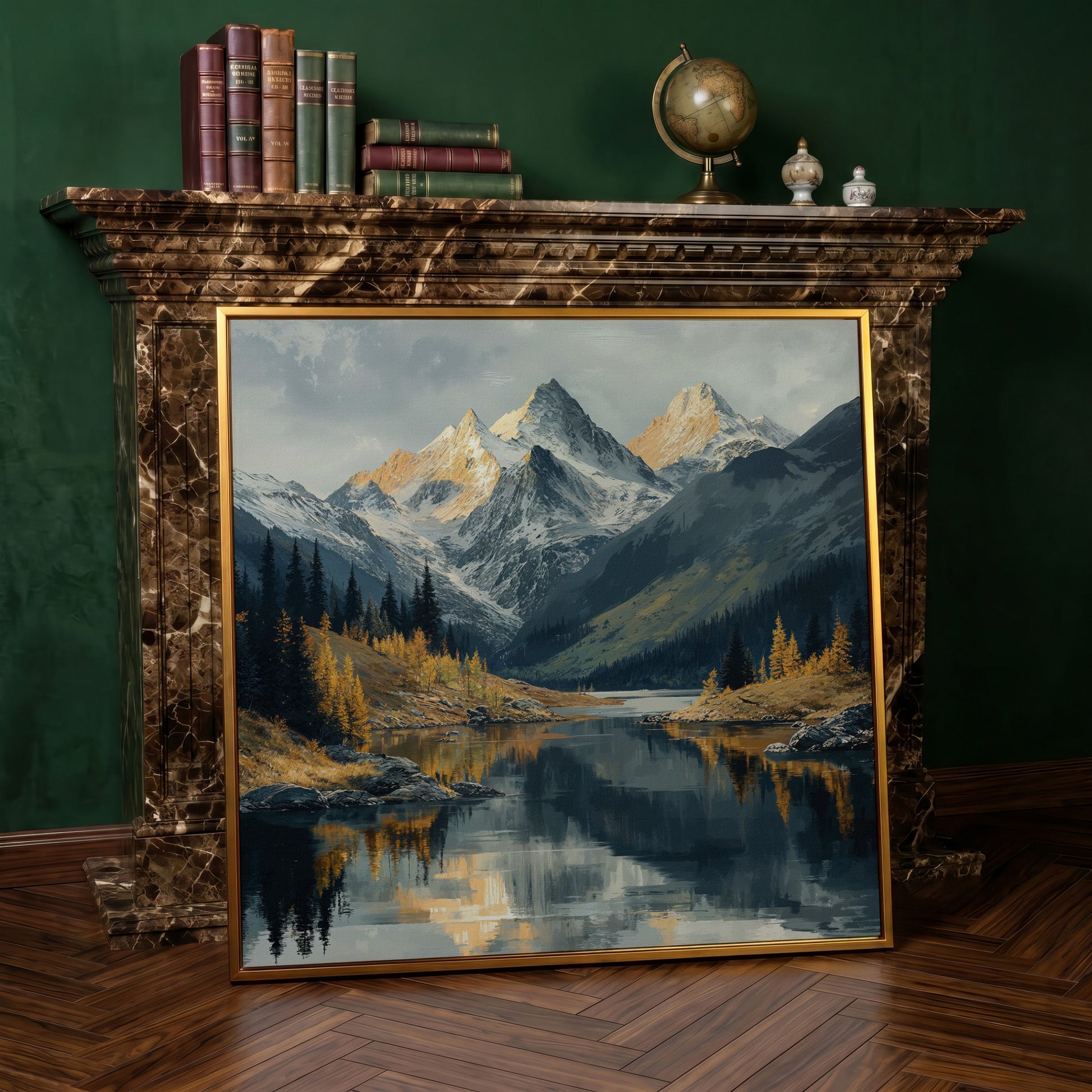 Mountain Lake at Dawn | Square Canvas in antique gold floating frame