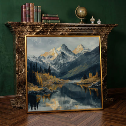 Mountain Lake at Dawn | Square Canvas in antique gold floating frame