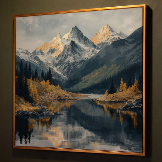 Mountain Lake at Dawn | Square Canvas shown in antique gold floating frame