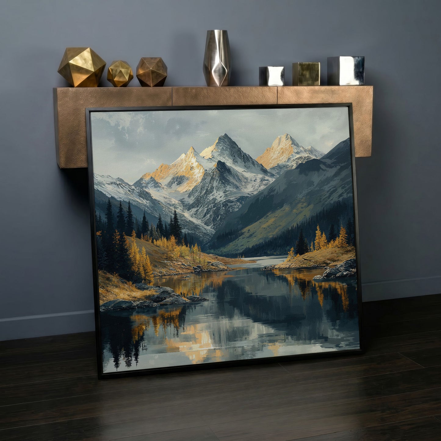 Mountain Lake at Dawn | Square Canvas in black floating frame