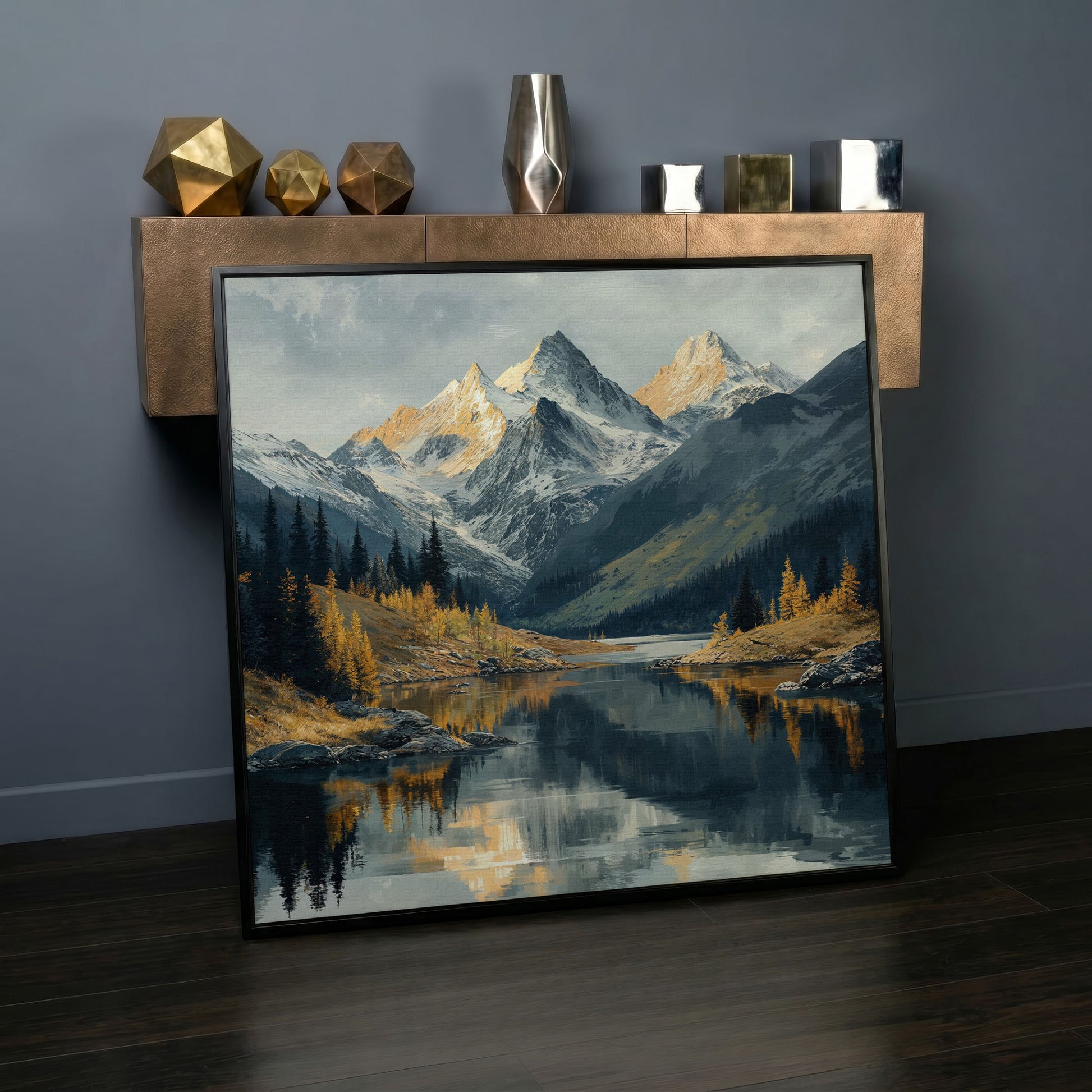 Mountain Lake at Dawn | Square Canvas in black floating frame