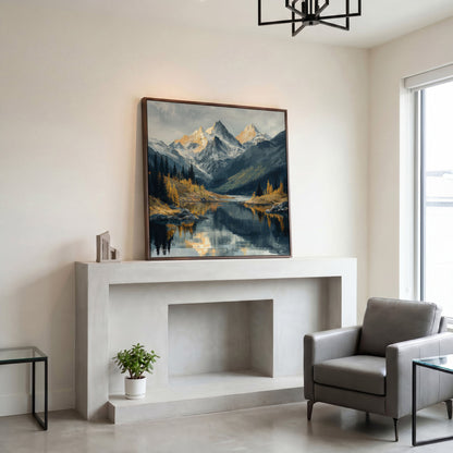 Mountain Lake at Dawn | Square Canvas in dark walnut floating frame