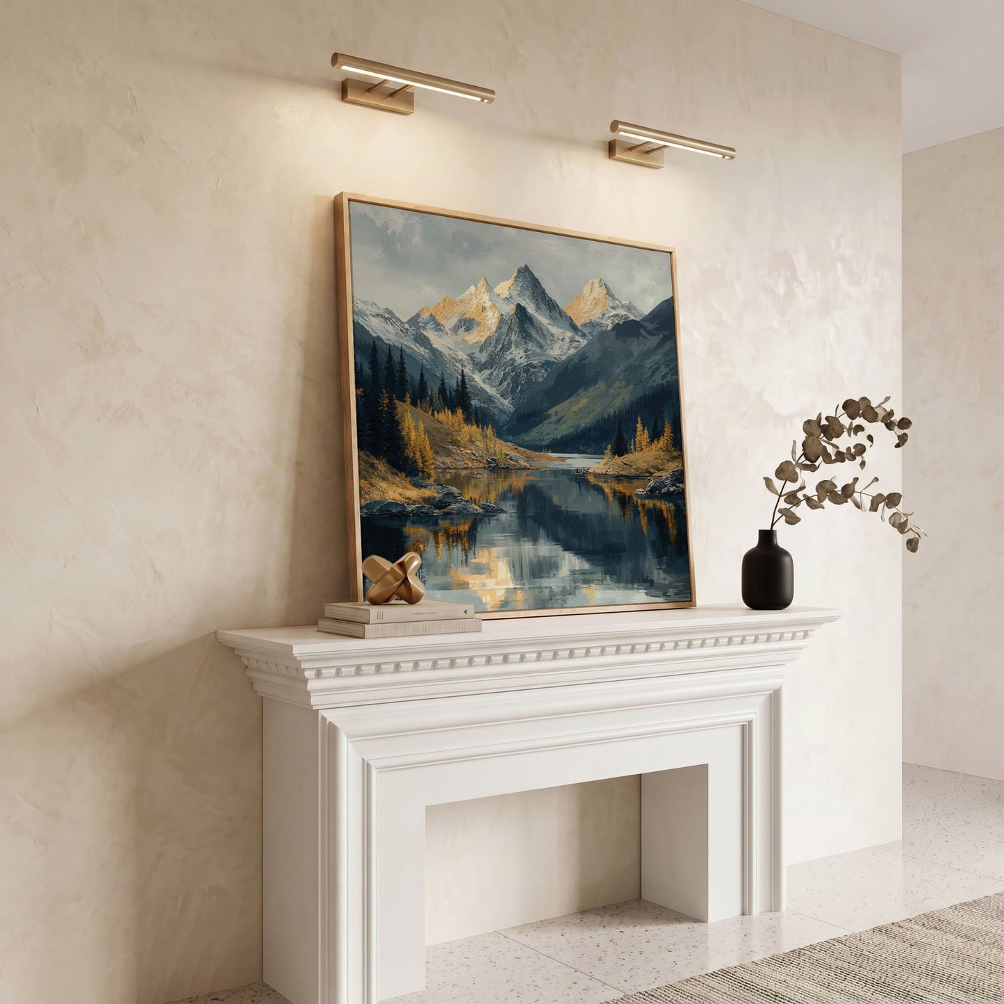 Mountain Lake at Dawn | Square Canvas in white oak floating frame