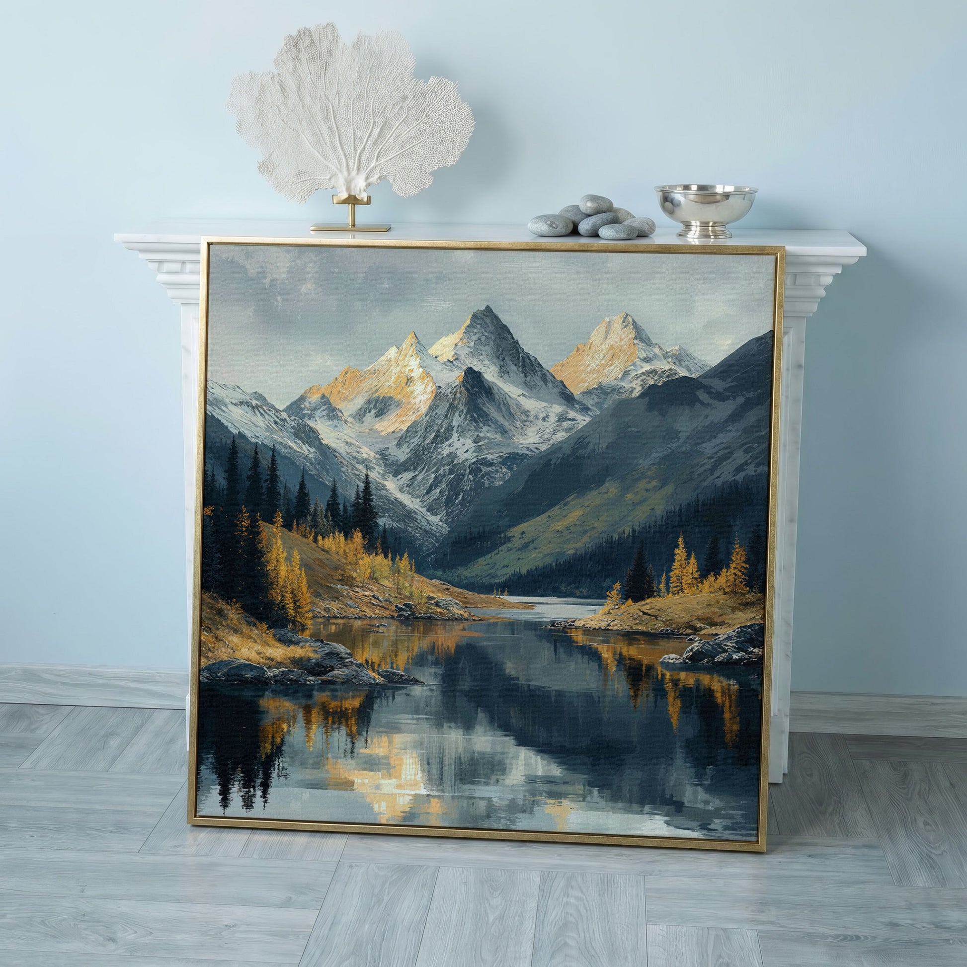 Mountain Lake at Dawn | Square Canvas in rose gold floating frame