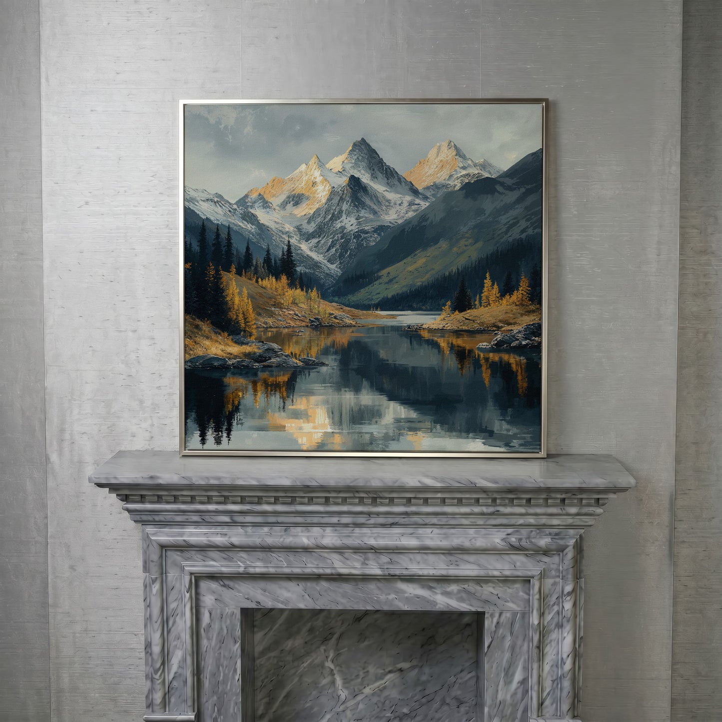 Mountain Lake at Dawn | Square Canvas in silver floating frame