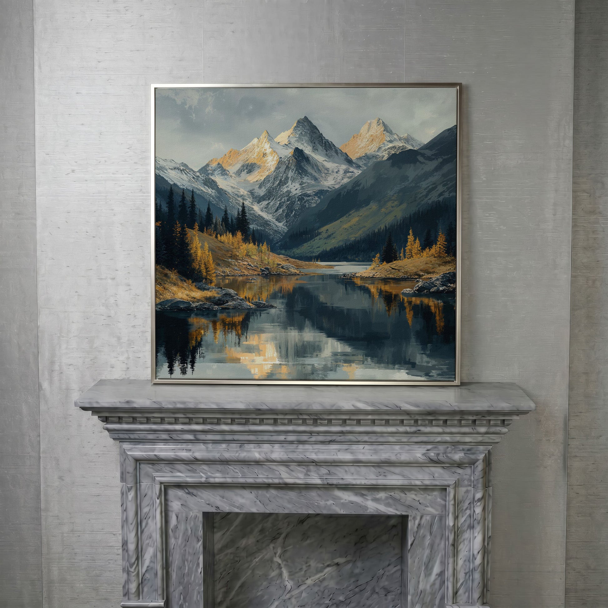 Mountain Lake at Dawn | Square Canvas in silver floating frame