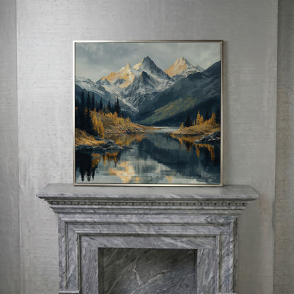 Mountain Lake at Dawn | Square Canvas in silver floating frame