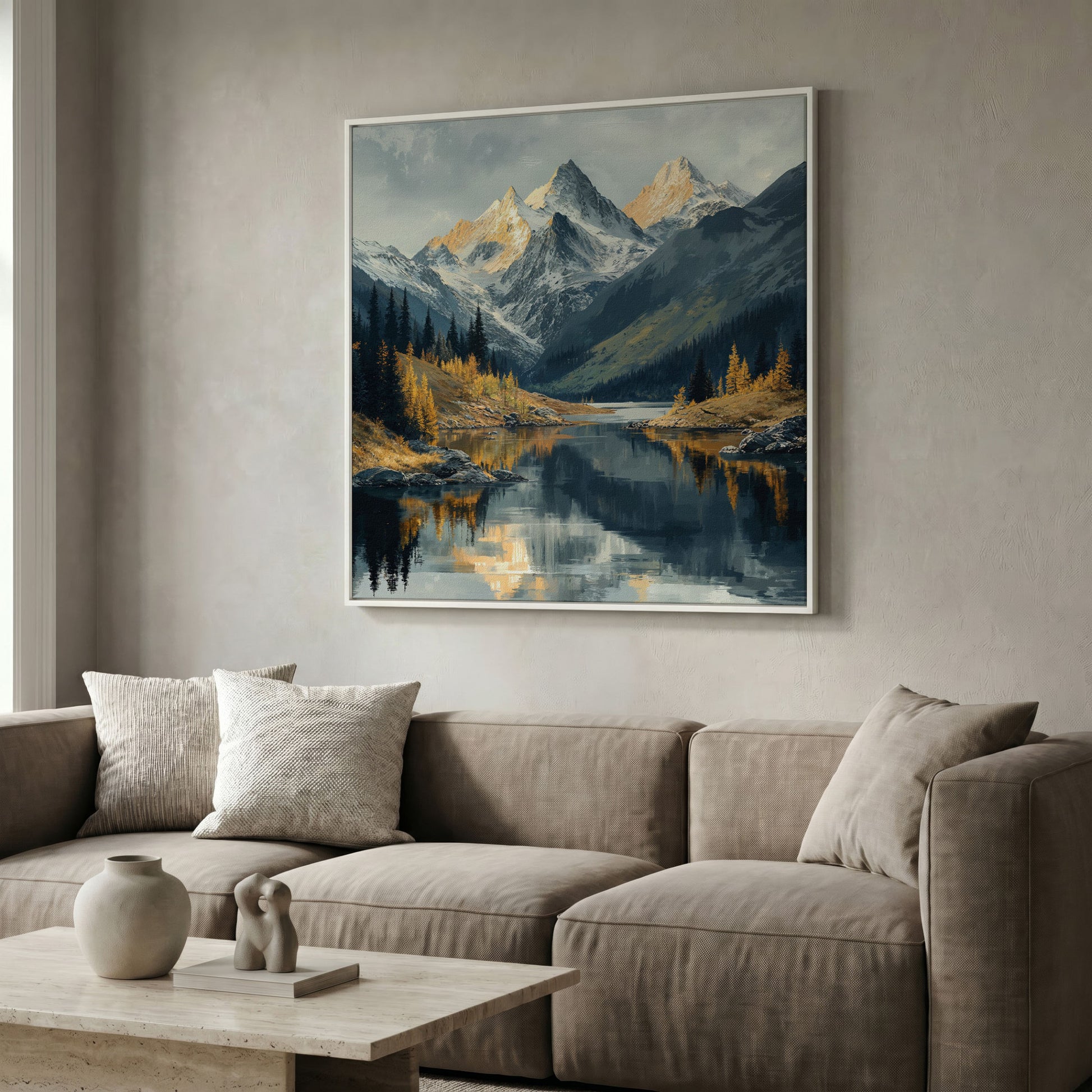 Mountain Lake at Dawn | Square Canvas in white floating frame
