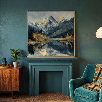 Mountain Lake at Dawn | Square Canvas in yellow gold floating frame