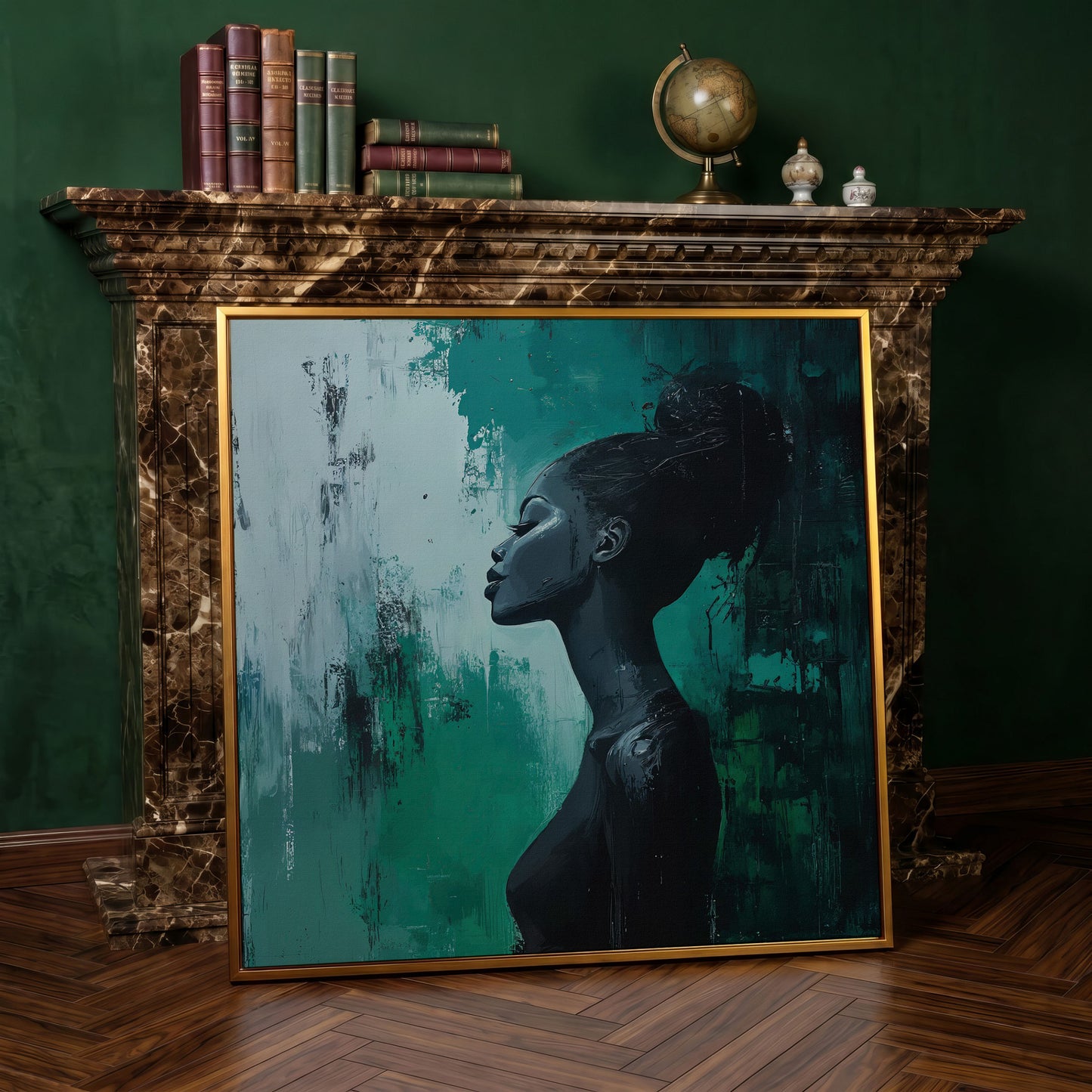 Woman Profile Portrait Canvas, Afrocentric Fashion Art in antique gold floating frame