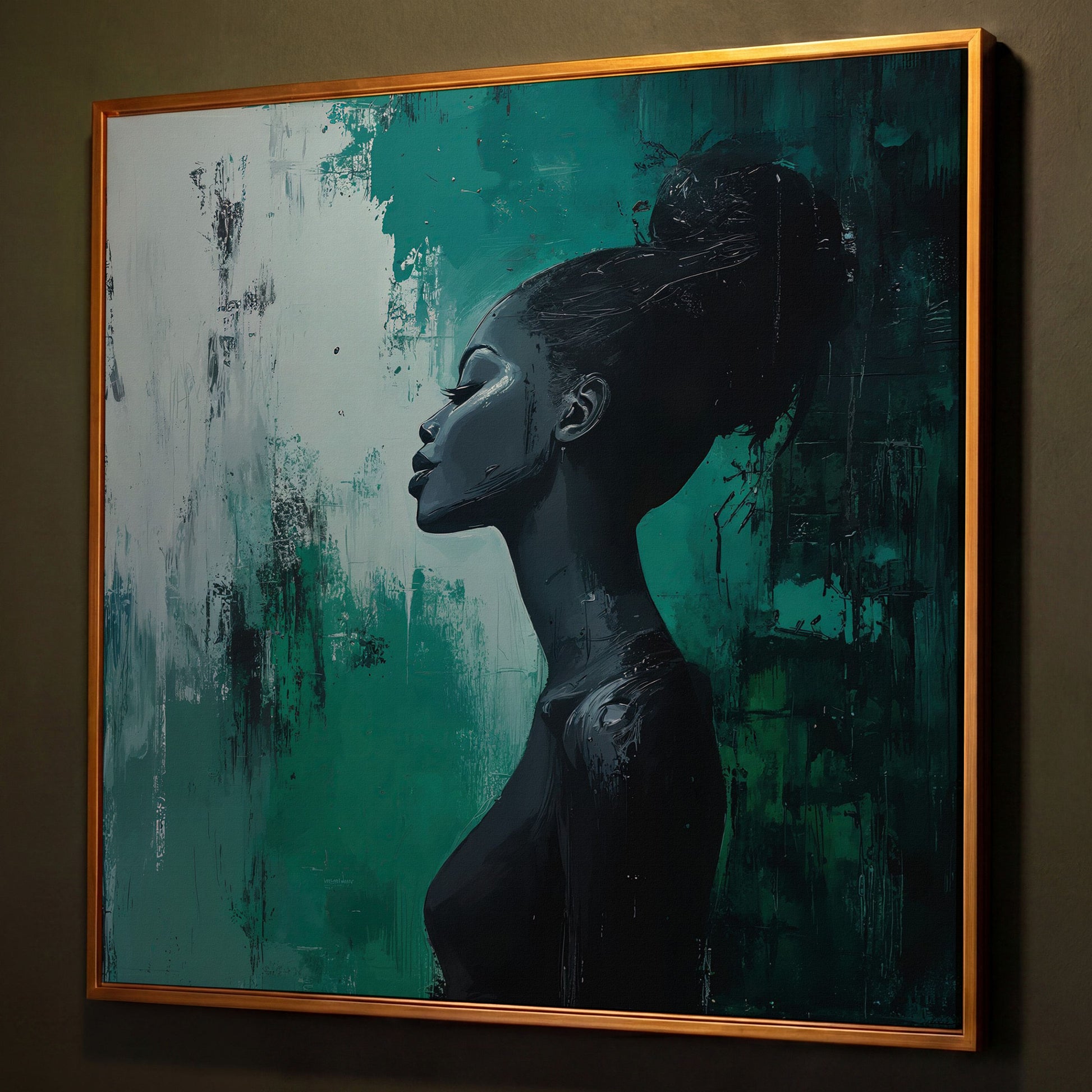 Woman Profile Portrait Canvas, Afrocentric Fashion Art shown in antique gold floating frame