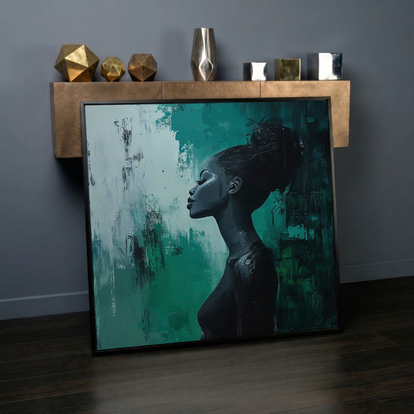 Woman Profile Portrait Canvas, Afrocentric Fashion Art in black floating frame