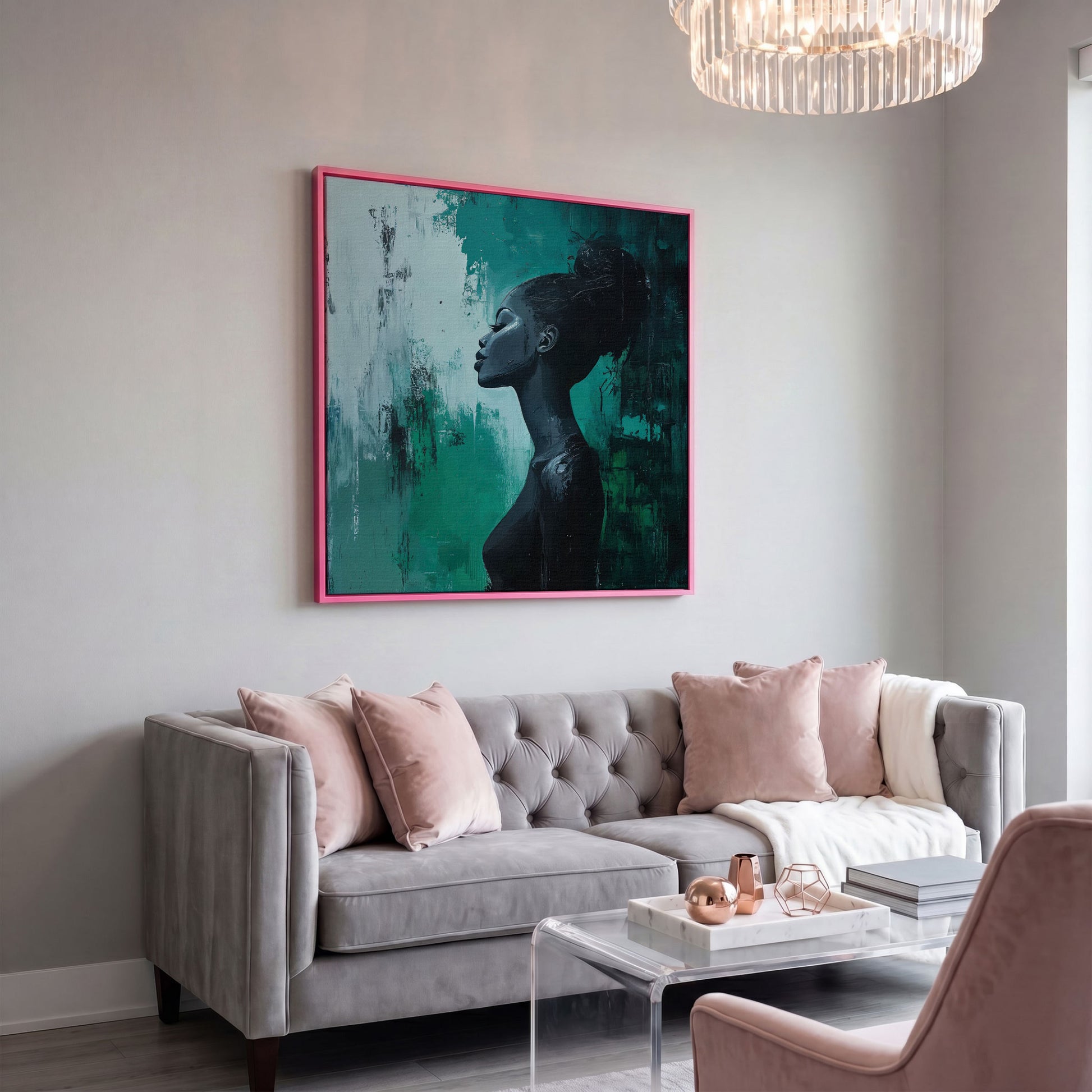Woman Profile Portrait Canvas, Afrocentric Fashion Art in pink floating frame