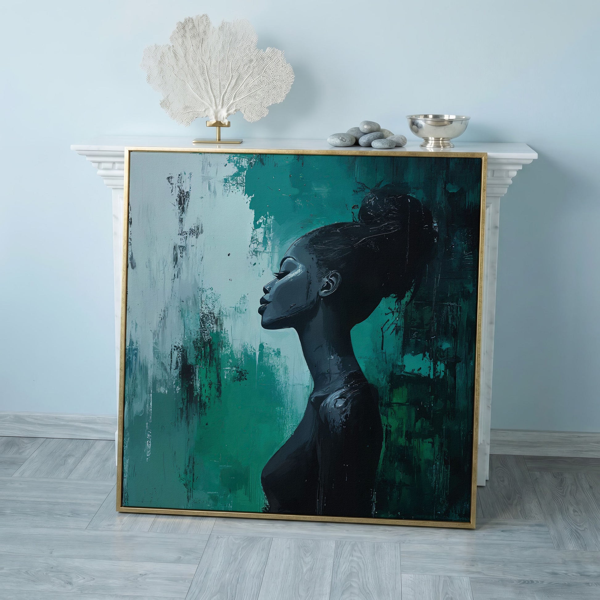 Woman Profile Portrait Canvas, Afrocentric Fashion Art in rose gold floating frame