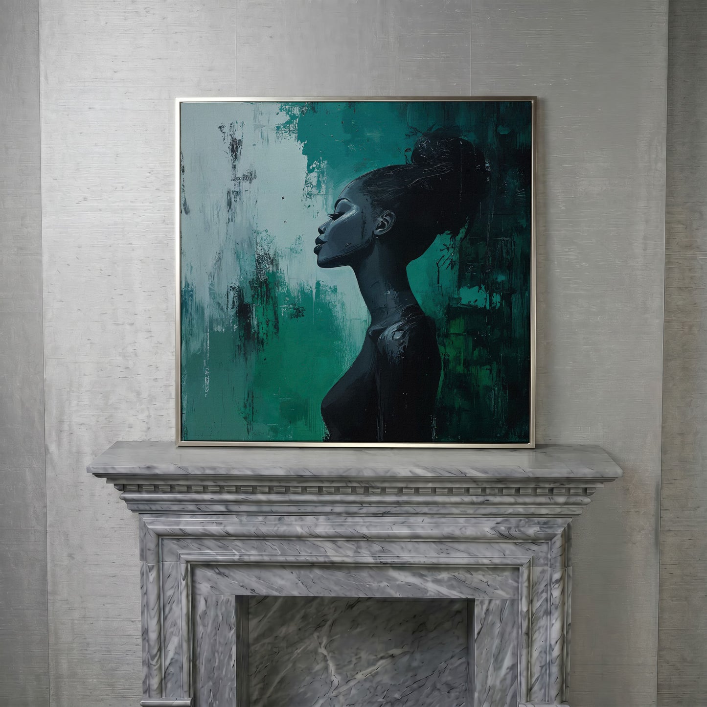 Woman Profile Portrait Canvas, Afrocentric Fashion Art in silver floating frame